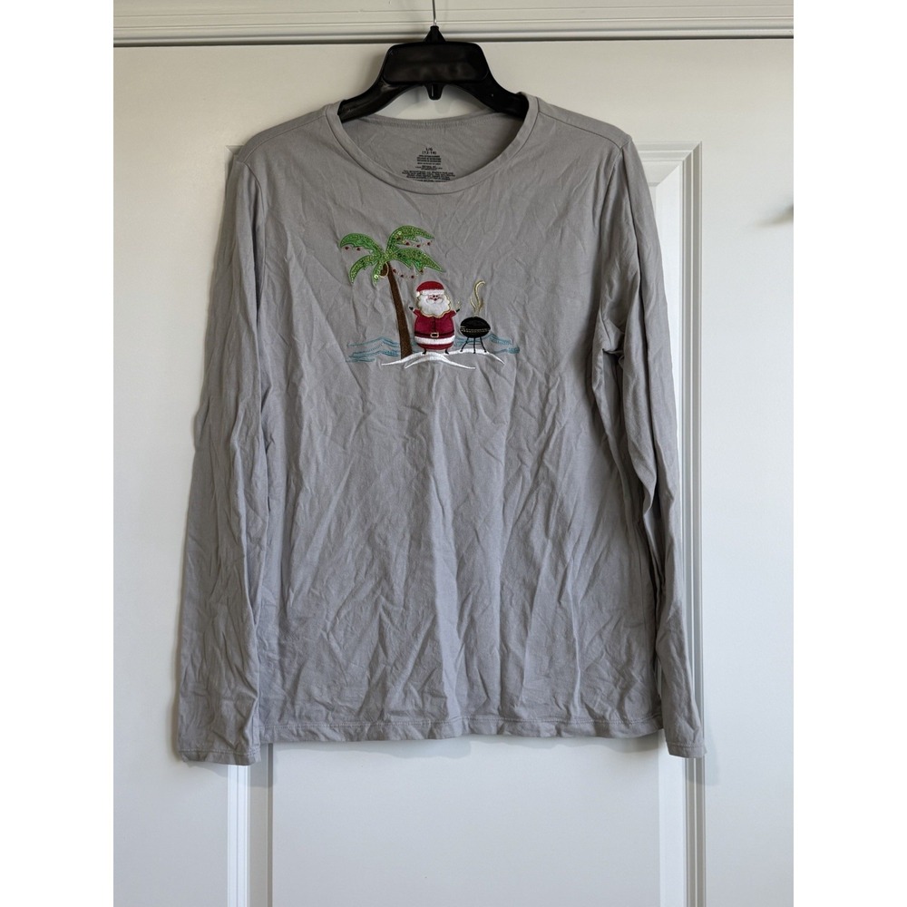 Women's Gray Long Sleeve Crewneck Tropical Holiday Santa Embroidered Shirt Large